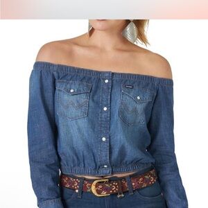 Wrangler Women's Blue Button Down Off-Shoulder Shirt